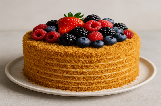 Juicy honey cake with berries
